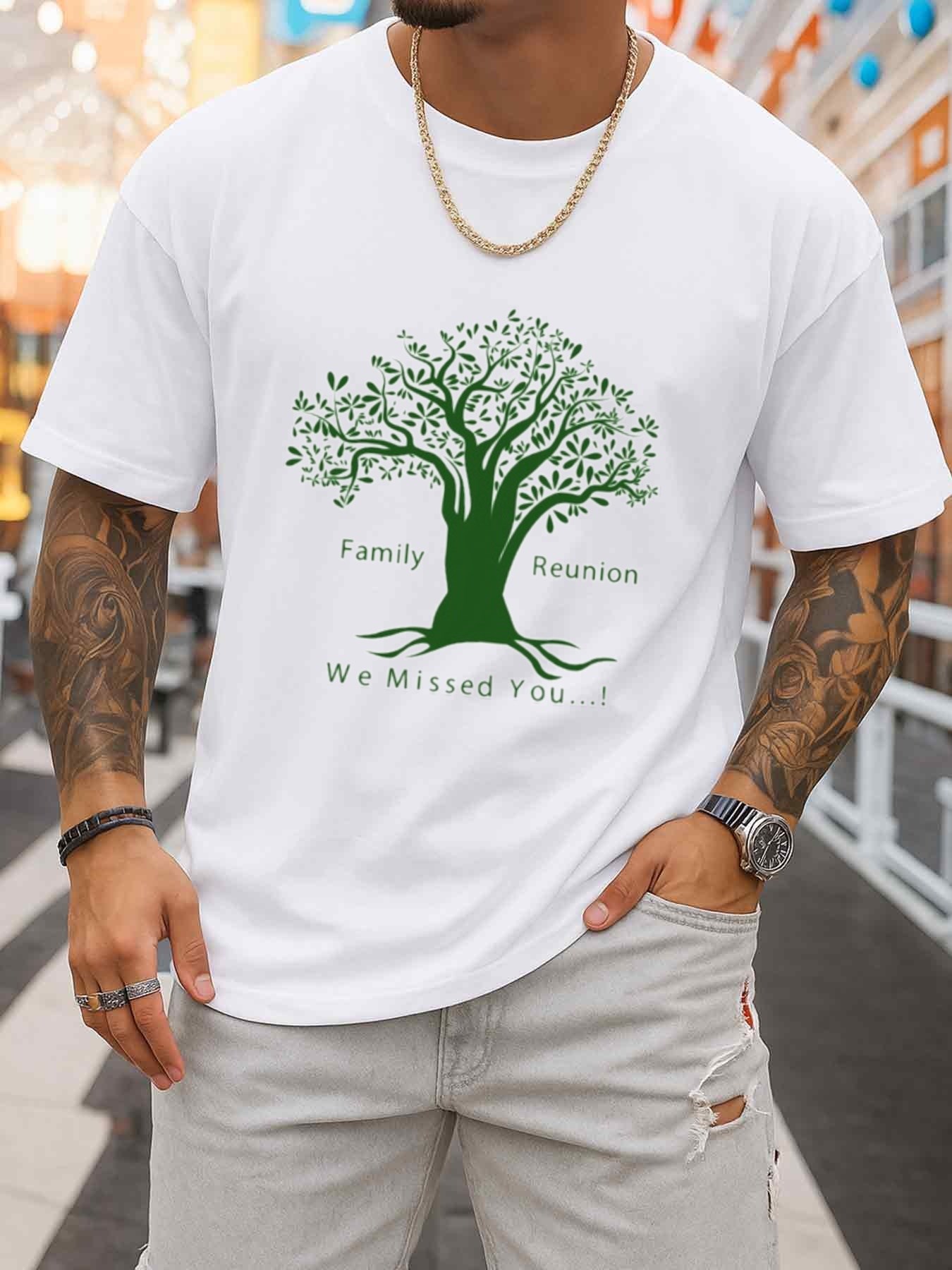 Family Tree Print - ファミリーギャザリングツリーパターンメンズクルーネックTシャツ、ホワイトプリントカジュアルオールシーズンフィットネストップ、ファッショナブルでスポーティーな耐久性のあるスポーツウェア、夏のトレンディなTシャツ、洗濯機で洗える、日常着に最適