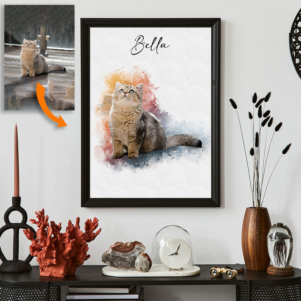 Pet Portrait Custom - 写真からカスタムペットポートレート - パーソナライズされた猫犬メモリアルキャンバスプリント - 水彩風レインボーブリッジウォールアートギフト