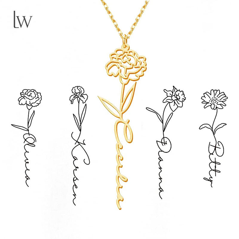 Birth Flower Necklace - パーソナライズされた誕生花ネームネックレス カスタムネームネックレスペンダント 18 ゴールドメッキ誕生月の花 上品なフラワーネックレス