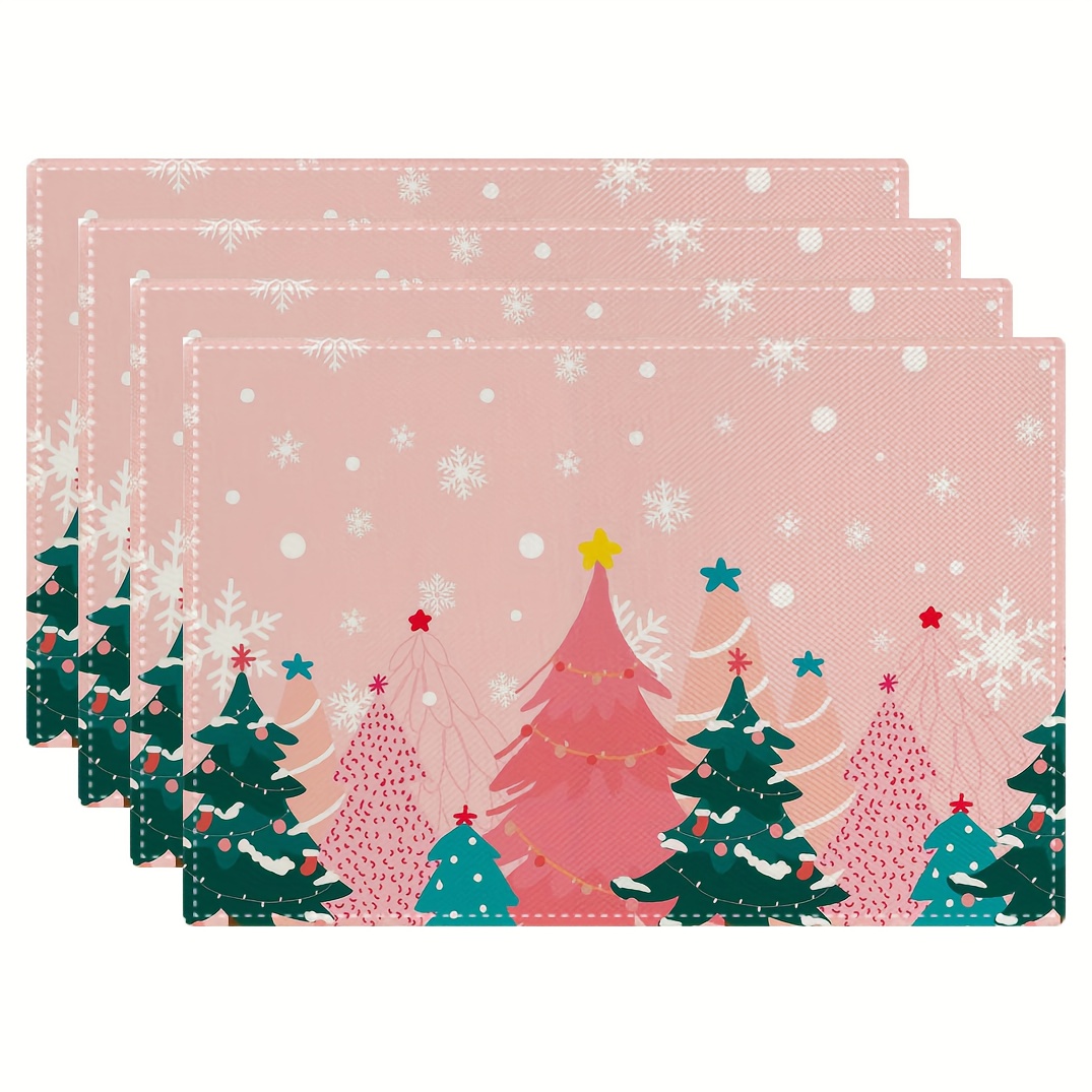 Family Tree Print - ピンクのクリスマスツリープリントプレースマットかわいい雪の結晶耐熱テーブル装飾パステルトーンクリスマス朝食ホームファミリーダイニング
