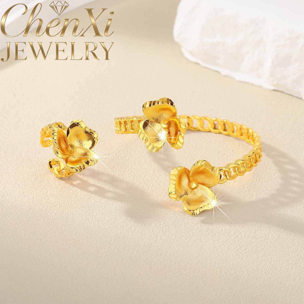 サンドゴールドの花柄オープンエンドバングルとリングのセット、 - Coordinates Bracelet のレビューと価格