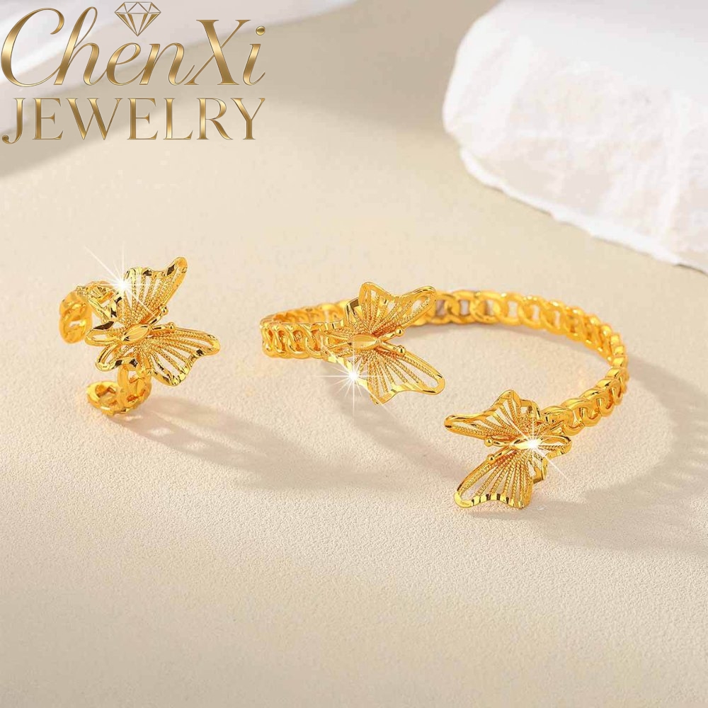 サンドゴールドの花柄オープンエンドバングルとリングのセット、 - Coordinates Bracelet のレビューと価格